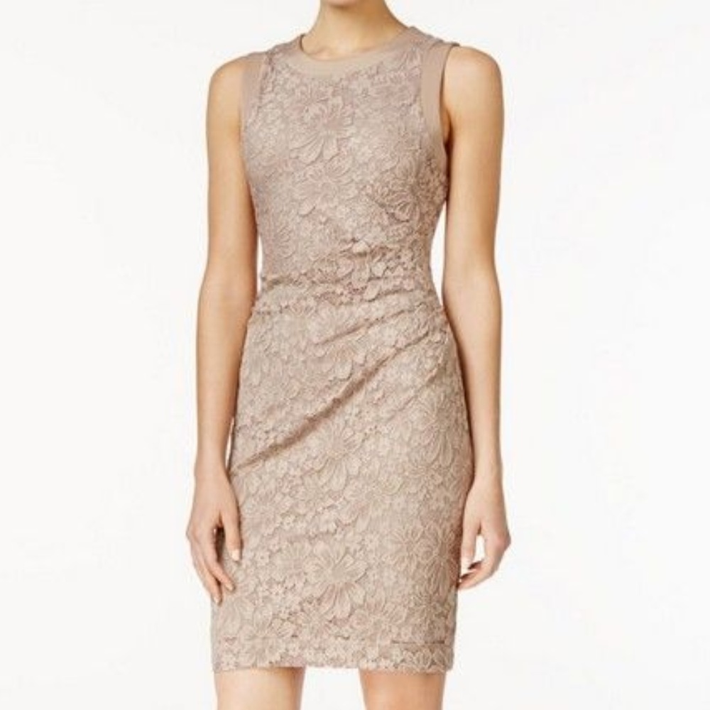 Calvin Klein - Beige Sheath Lace Gathered Dress -